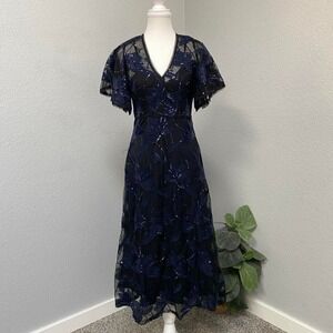 MAGGY LONDON NAVY BLUE MIDI DRESS SEQUIN SHEER LINED ZIPPER CLOSURE FAIRY WHIMSY